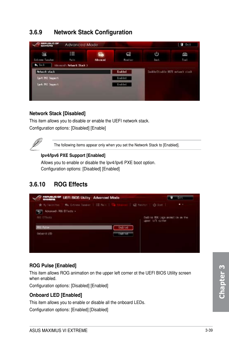 Chapter 3, 9 network stack configuration, 10 rog effects | Asus MAXIMUS VI EXTREME User Manual | Page 129 / 218