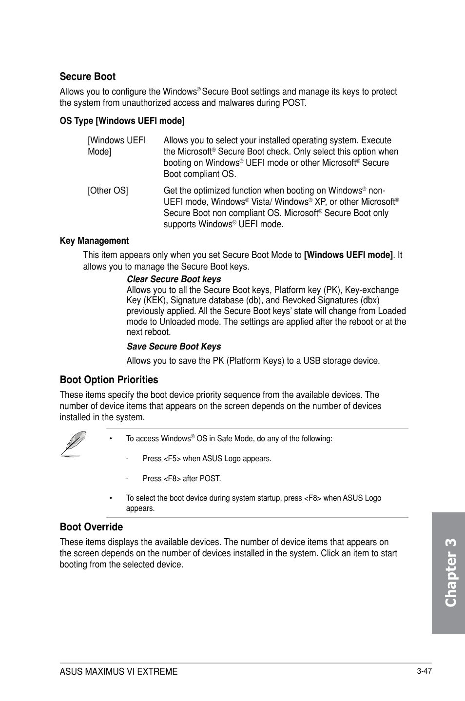 Chapter 3, Secure boot, Boot option priorities | Boot override | Asus MAXIMUS VI EXTREME User Manual | Page 137 / 218