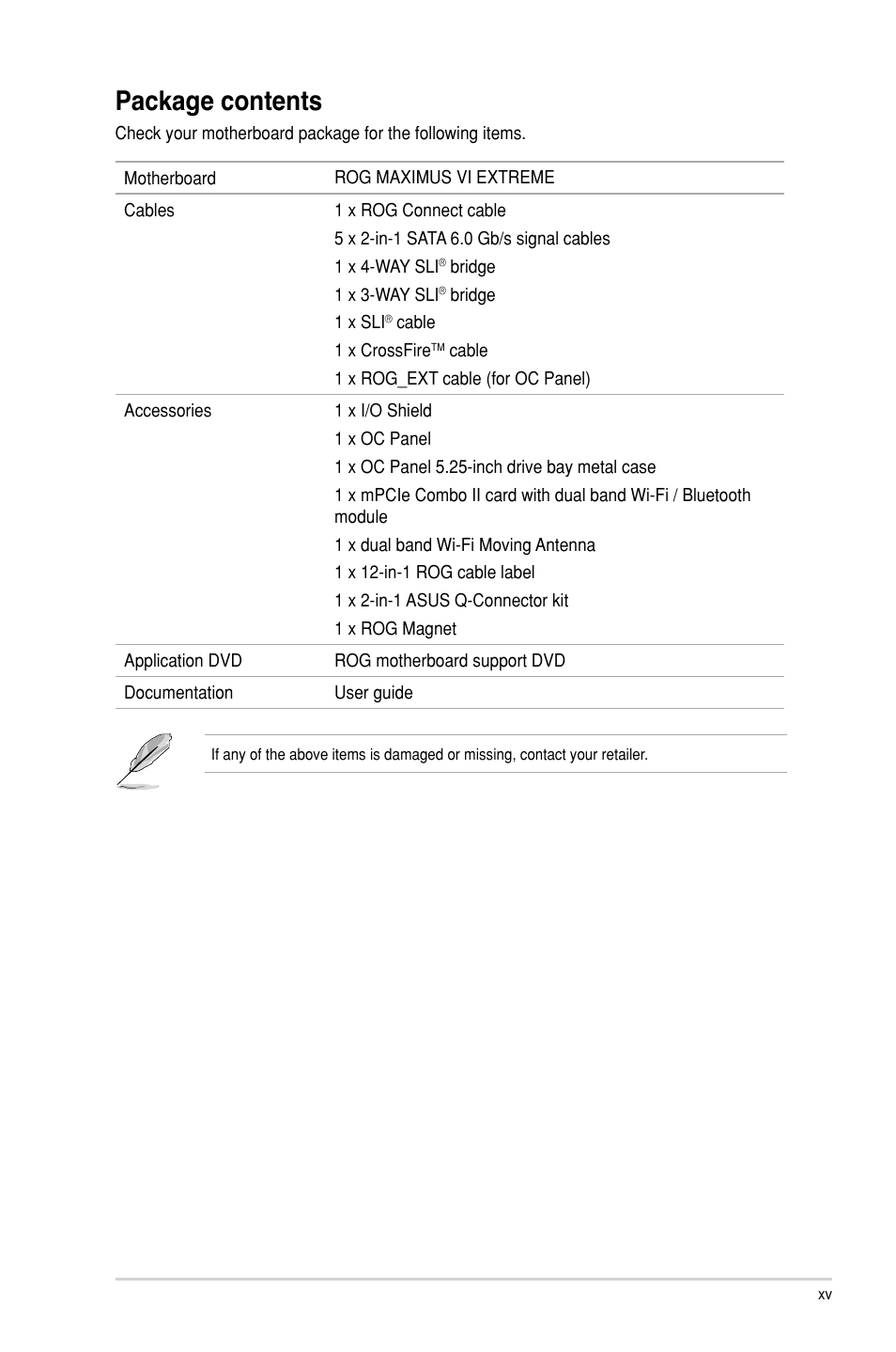 Package contents | Asus MAXIMUS VI EXTREME User Manual | Page 15 / 218