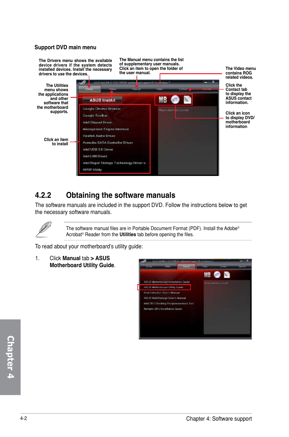 Chapter 4, 2 obtaining the software manuals | Asus MAXIMUS VI EXTREME User Manual | Page 150 / 218