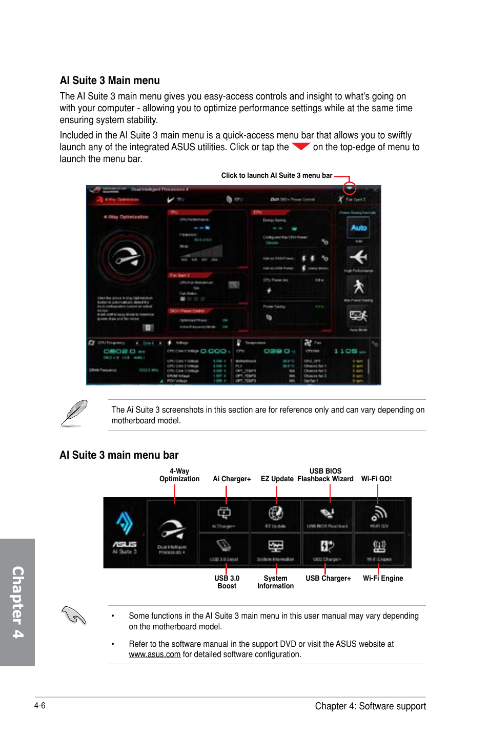 Chapter 4, Ai suite 3 main menu, Ai suite 3 main menu bar | Asus MAXIMUS VI EXTREME User Manual | Page 154 / 218