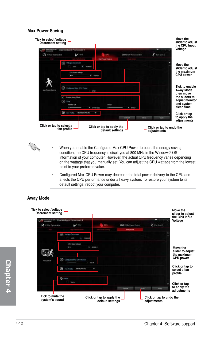 Chapter 4, Chapter 4: software support, Max power saving | Away mode | Asus MAXIMUS VI EXTREME User Manual | Page 160 / 218