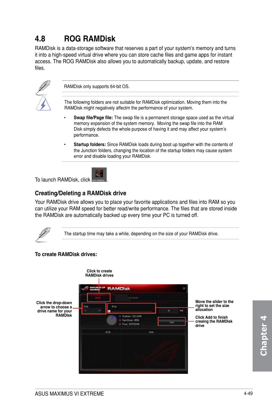 Chapter 4 4.8 rog ramdisk, Creating/deleting a ramdisk drive | Asus MAXIMUS VI EXTREME User Manual | Page 197 / 218