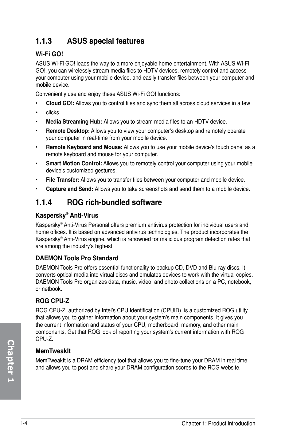 Chapter 1, 3 asus special features, 4 rog rich-bundled software | Asus MAXIMUS VI EXTREME User Manual | Page 20 / 218