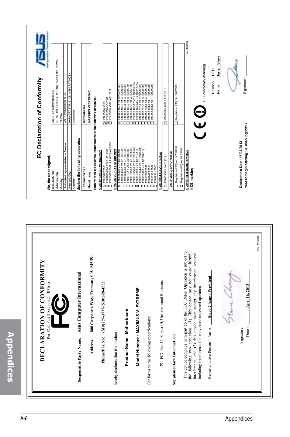 Declaration of conformity, Appendices, Ec declaration of conformity | Asu s c om pu te r in te rn at io na l | Asus MAXIMUS VI EXTREME User Manual | Page 216 / 218