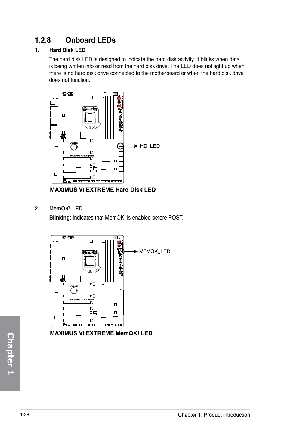 Chapter 1, 8 onboard leds | Asus MAXIMUS VI EXTREME User Manual | Page 44 / 218