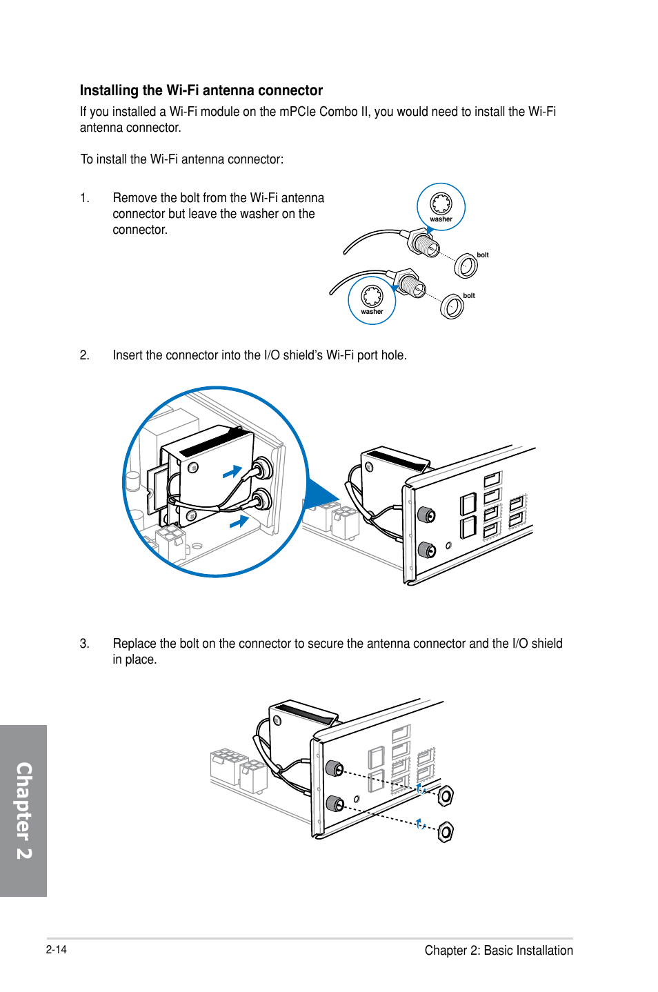 Chapter 2, Installing the wi-fi antenna connector | Asus MAXIMUS VI EXTREME User Manual | Page 78 / 218