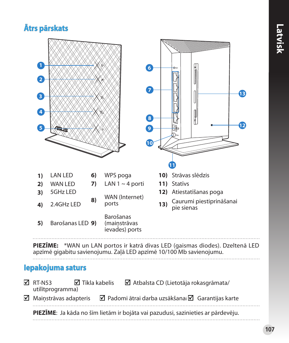 La tvisk, Ātrs pārskats, Iepakojuma saturs | Asus RT-N53 User Manual | Page 107 / 202