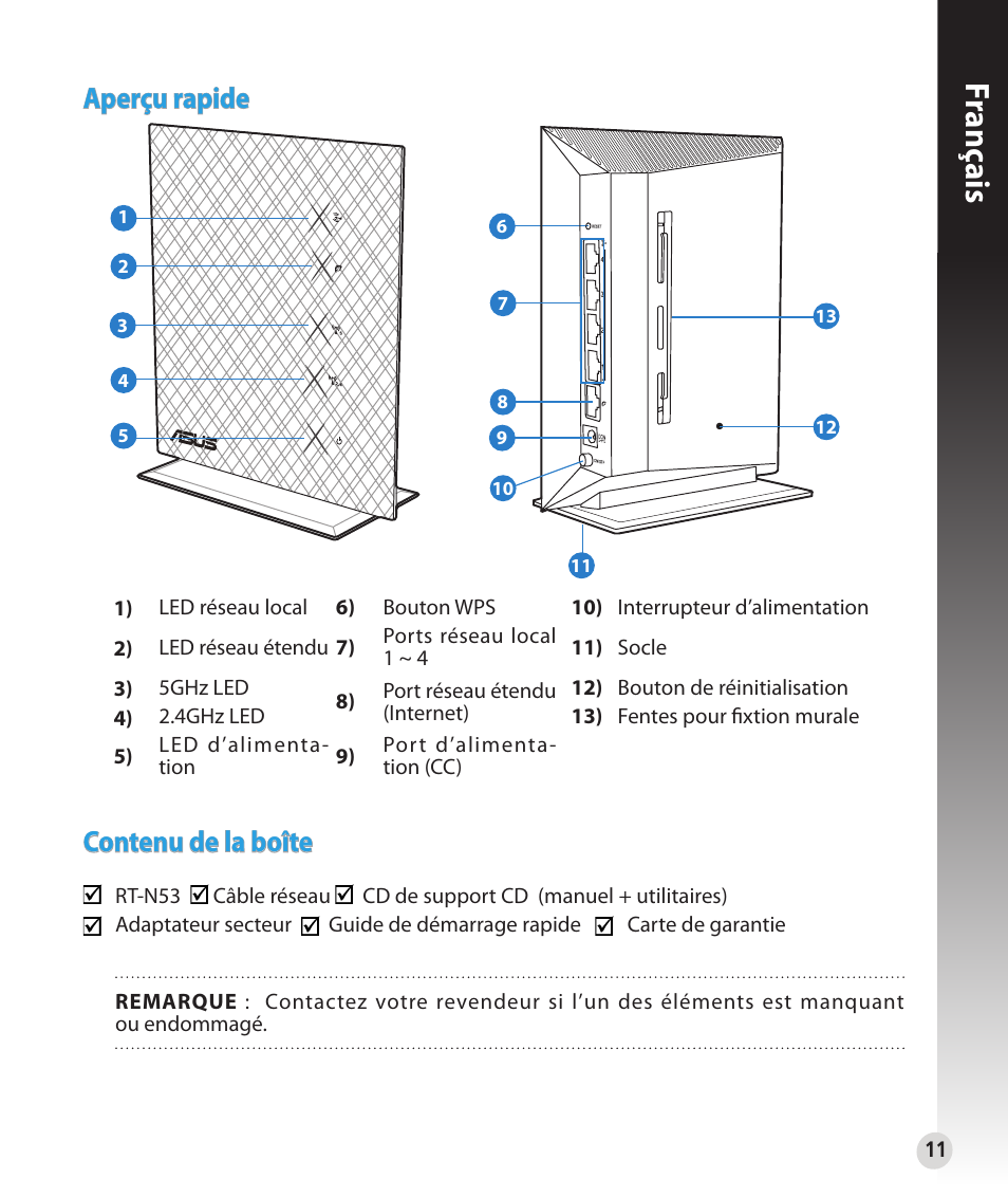 Franç ais, Aperçu rapide contenu de la boîte | Asus RT-N53 User Manual | Page 11 / 202