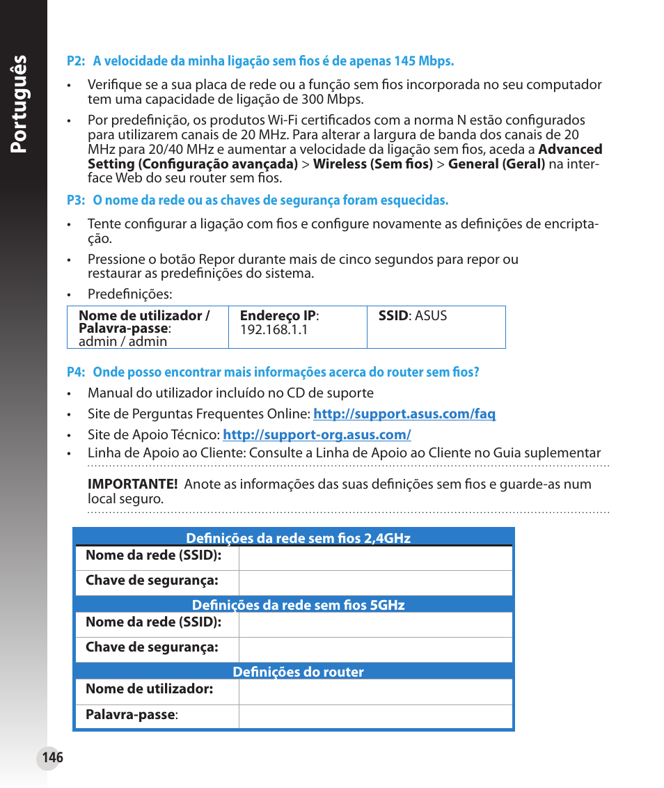 Por tuguês | Asus RT-N53 User Manual | Page 146 / 202