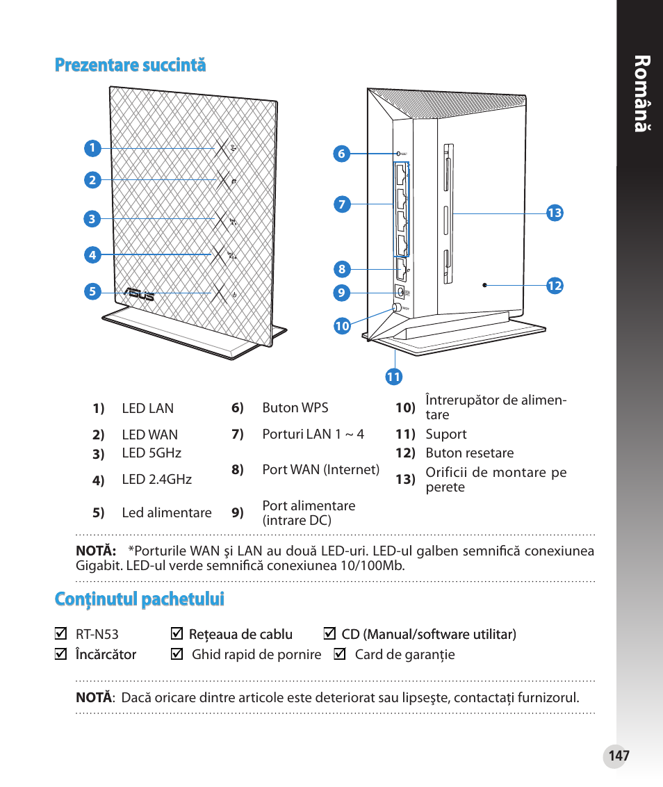 Română, Prezentare succintă, Conţinutul pachetului | Asus RT-N53 User Manual | Page 147 / 202