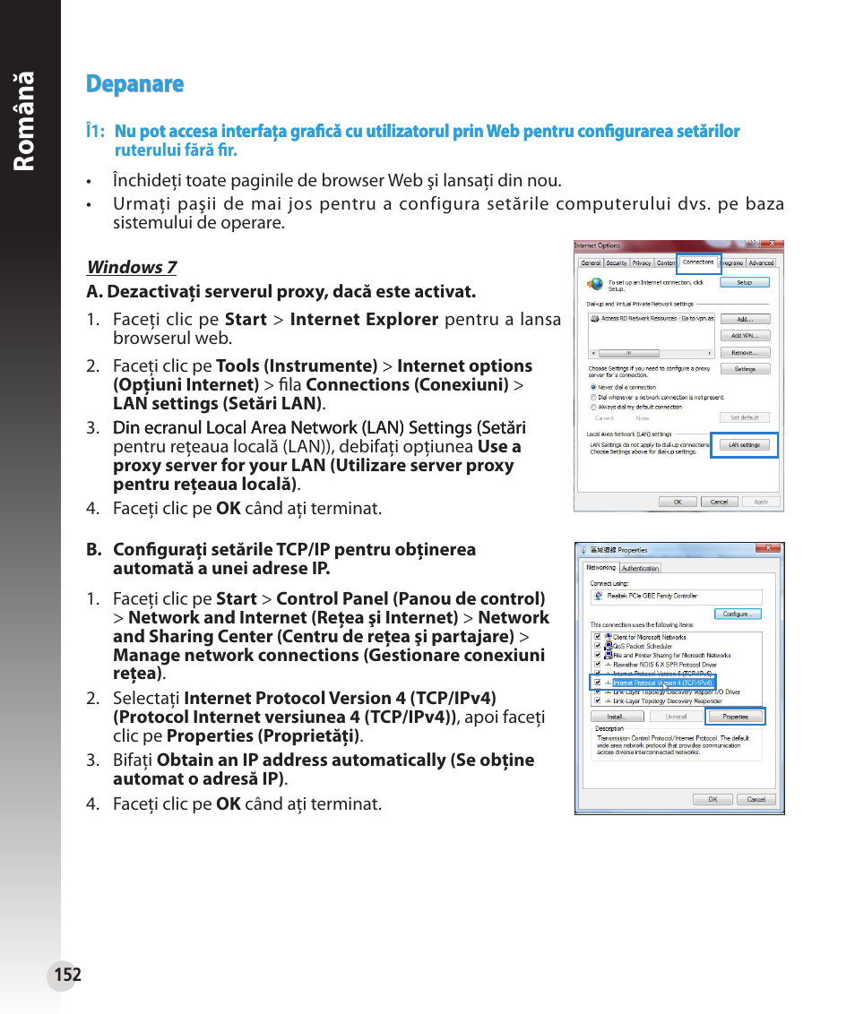 Română, Depanare | Asus RT-N53 User Manual | Page 152 / 202