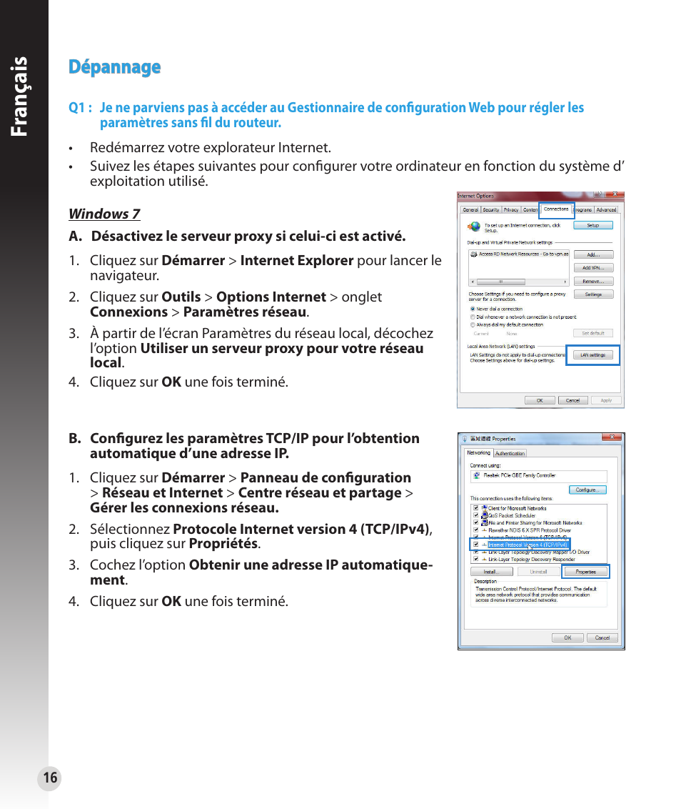 Fr anç ais, Dépannage | Asus RT-N53 User Manual | Page 16 / 202