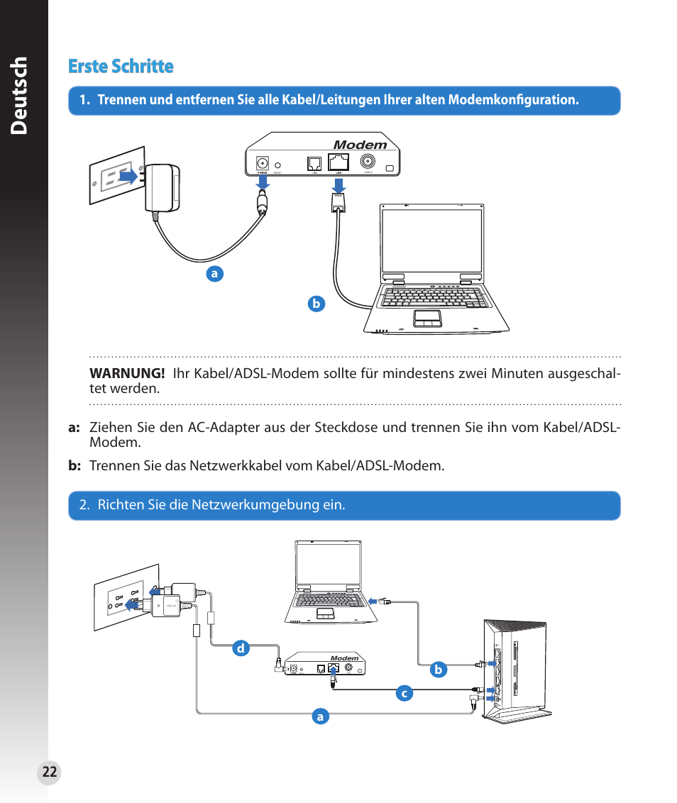 Deutsch, Erste schritte | Asus RT-N53 User Manual | Page 22 / 202