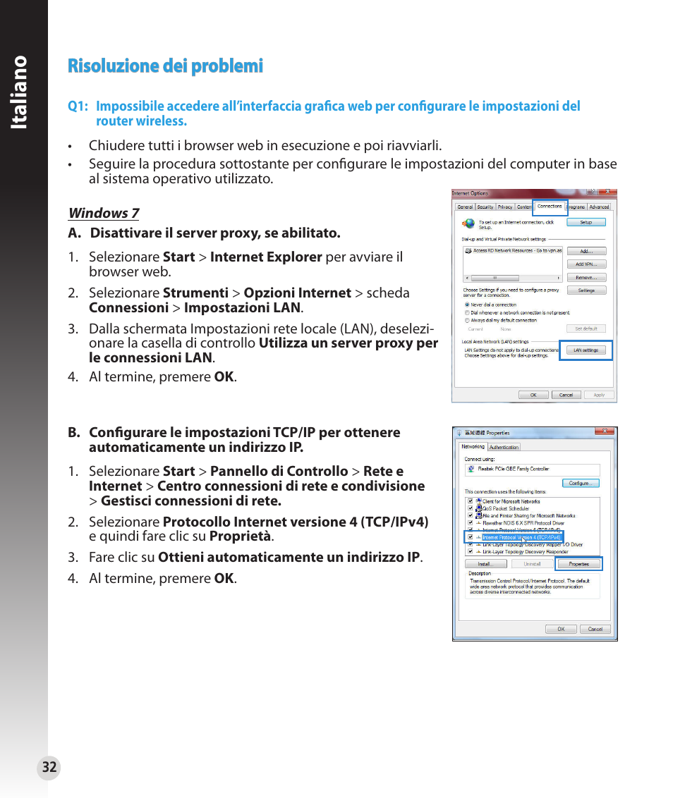 Italiano, Risoluzione dei problemi | Asus RT-N53 User Manual | Page 32 / 202