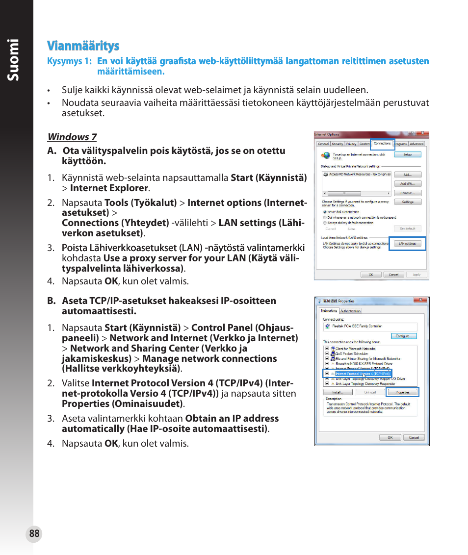 Suomi, Vianmääritys | Asus RT-N53 User Manual | Page 88 / 202