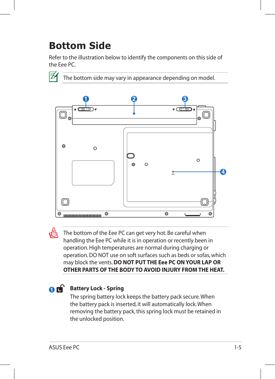 Bottom side, Bottom side -5 | Asus Eee PC 1004DN User Manual | Page 13 / 66