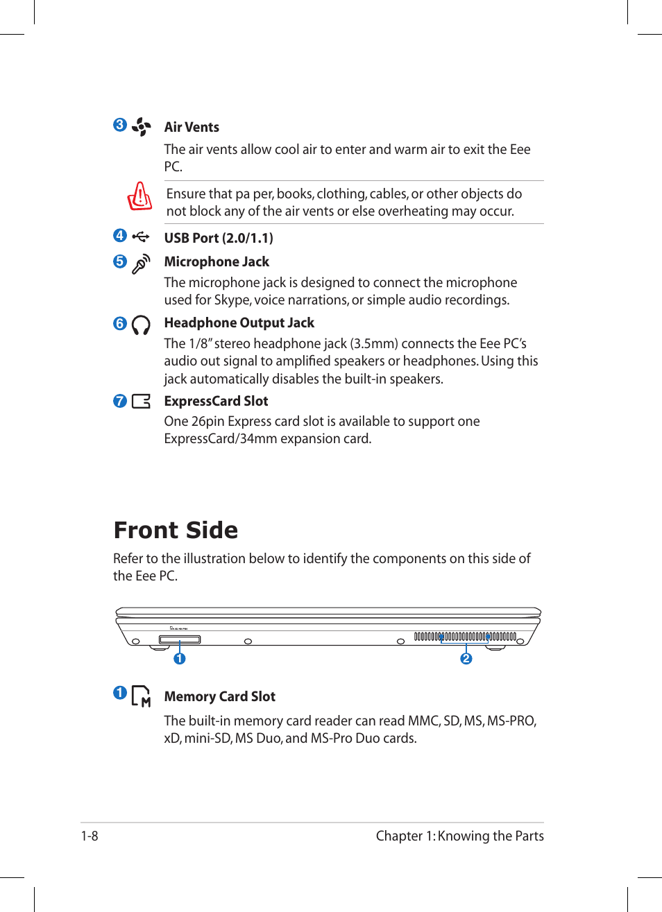 Front side, Front side -8 | Asus Eee PC 1004DN User Manual | Page 16 / 66