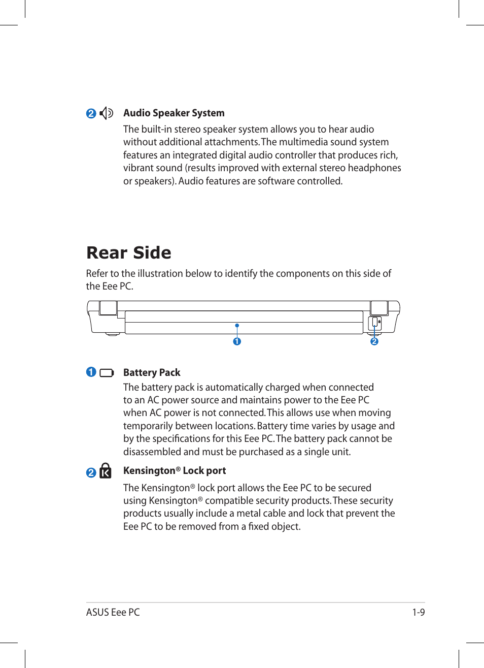 Rear side, Rear side -9 | Asus Eee PC 1004DN User Manual | Page 17 / 66