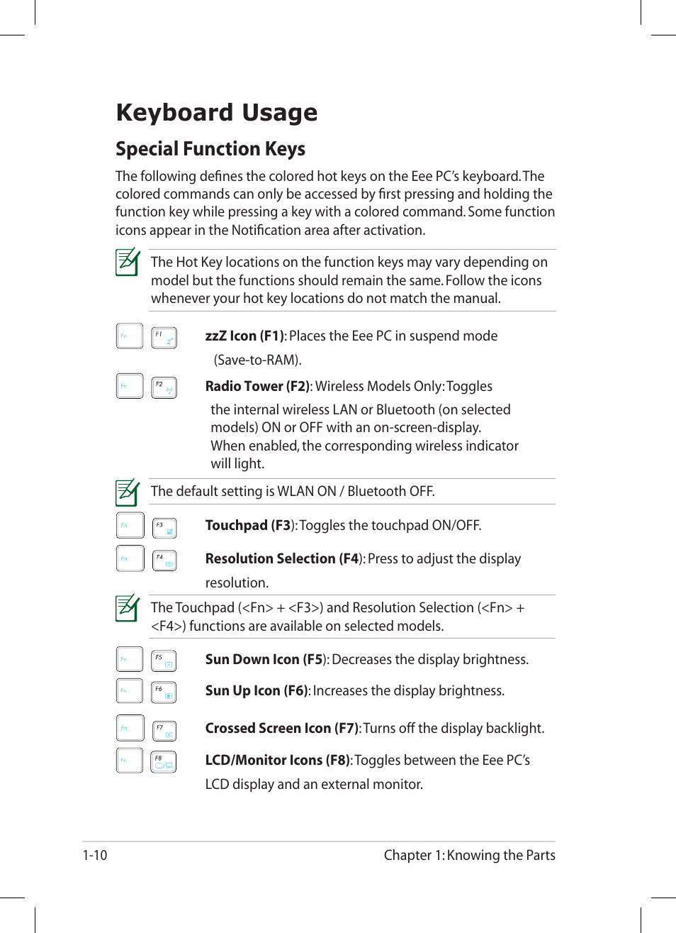 Keyboard usage, Keyboard usage -10, Special function keys | Asus Eee PC 1004DN User Manual | Page 18 / 66