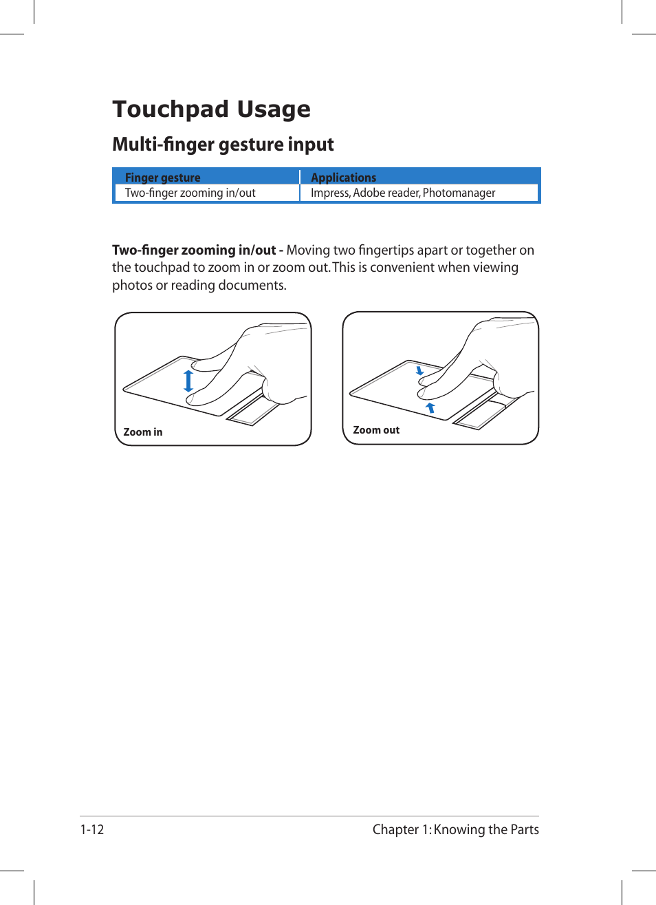 Touchpad usage, Touchpad usage -12, Multi-finger gesture input | Asus Eee PC 1004DN User Manual | Page 20 / 66