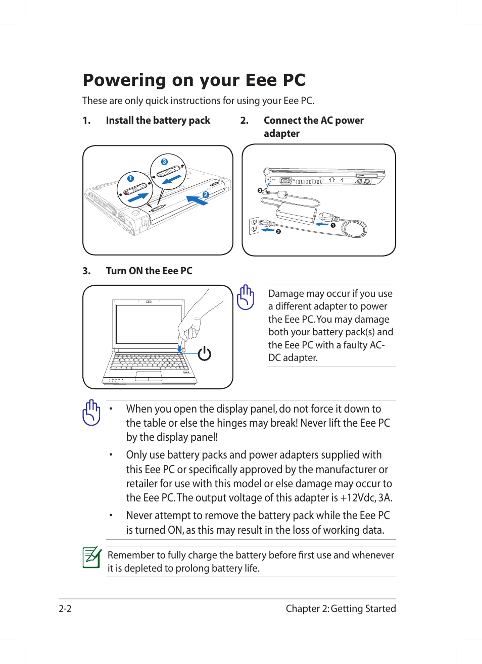 Powering on your eee pc, Powering on your eee pc -2 | Asus Eee PC 1004DN User Manual | Page 22 / 66
