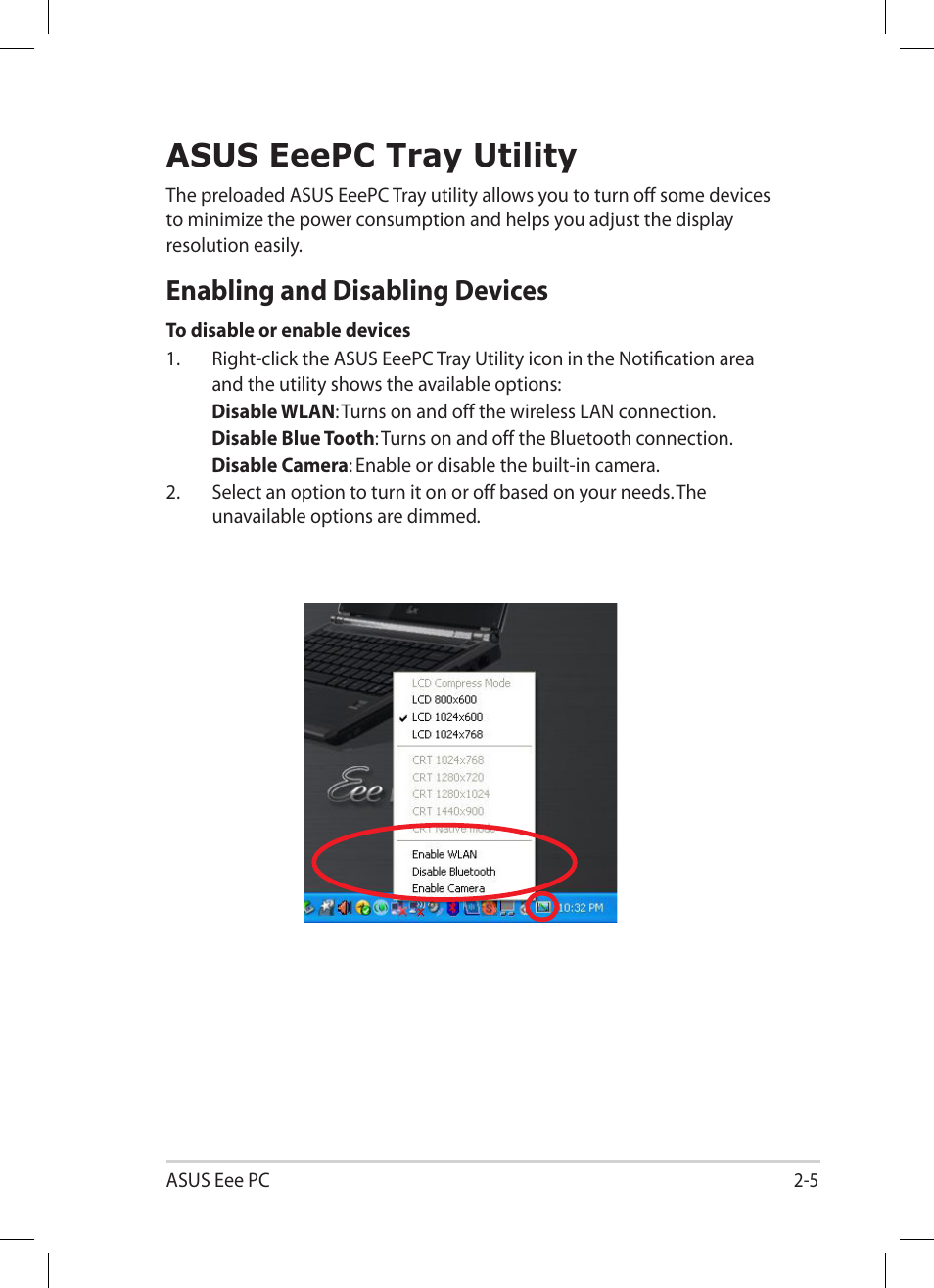 Asus eeepc tray utility, Enabling and disabling devices, Asus eeepc tray utility -5 | Enabling and disabling devices -5 | Asus Eee PC 1004DN User Manual | Page 25 / 66