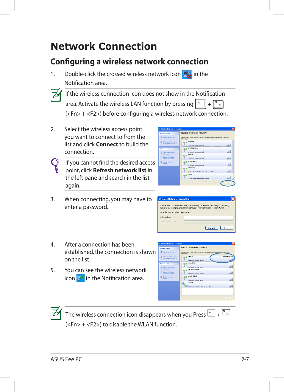 Network connection, Configuring a wireless network connection, Network connection -7 | Configuring a wireless network connection -7 | Asus Eee PC 1004DN User Manual | Page 27 / 66