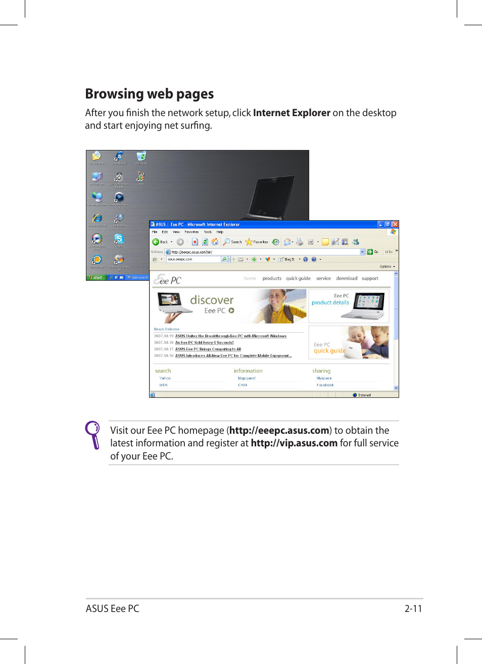 Browsing web pages | Asus Eee PC 1004DN User Manual | Page 31 / 66
