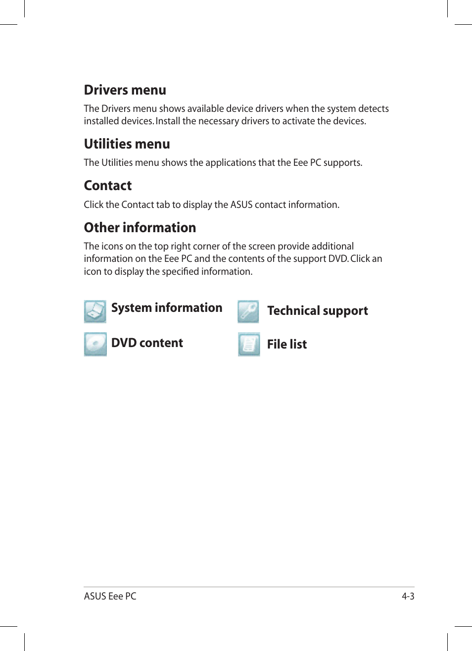 Drivers menu, Utilities menu, Contact | Other information | Asus Eee PC 1004DN User Manual | Page 53 / 66