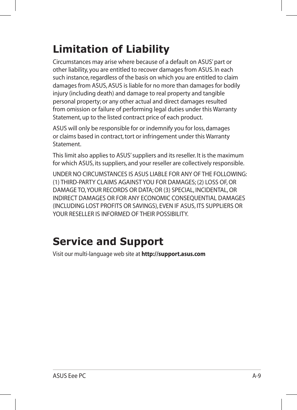 Limitation of liability, Service and support | Asus Eee PC 1004DN User Manual | Page 65 / 66