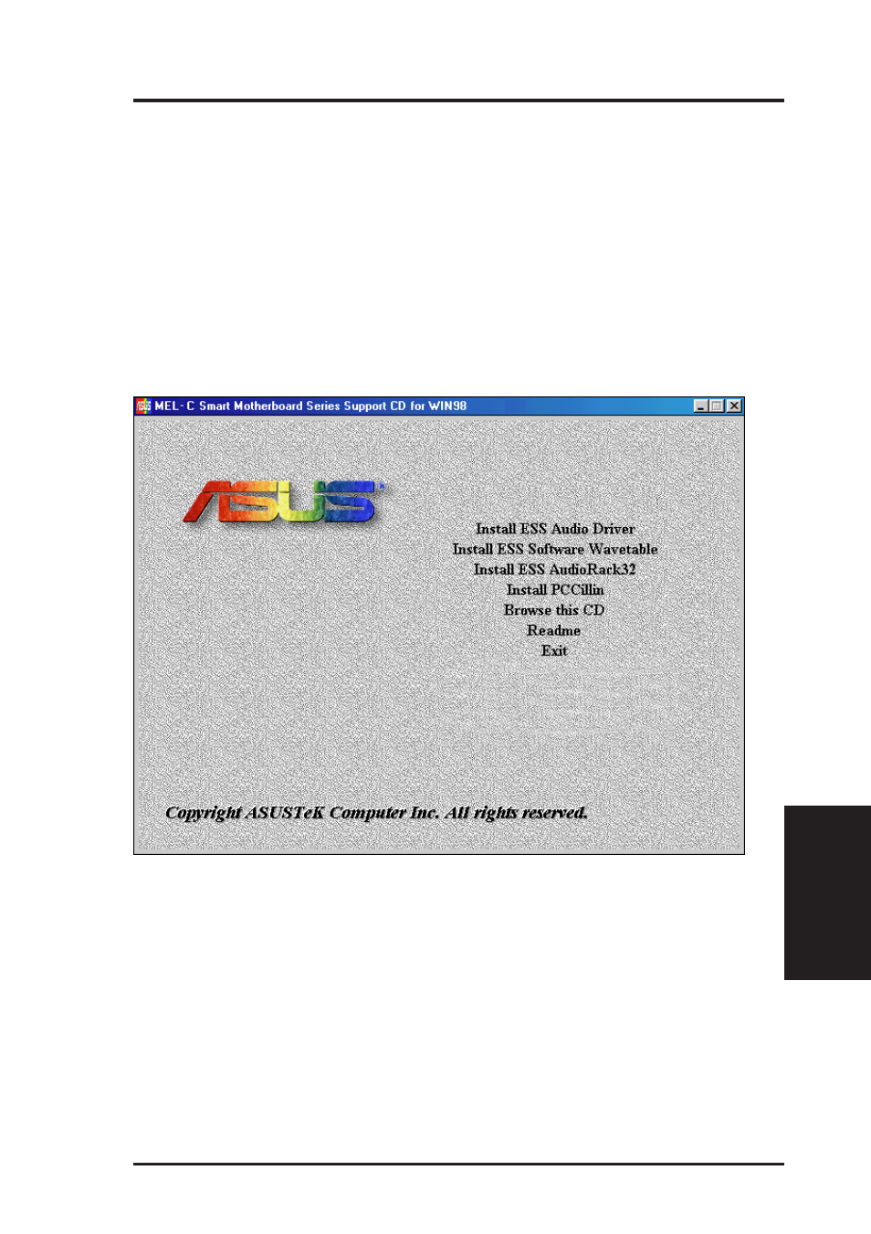 V. software setup, Operating systems, Mel-c support cd (windows 98) | Asus MEL-C User Manual | Page 59 / 80