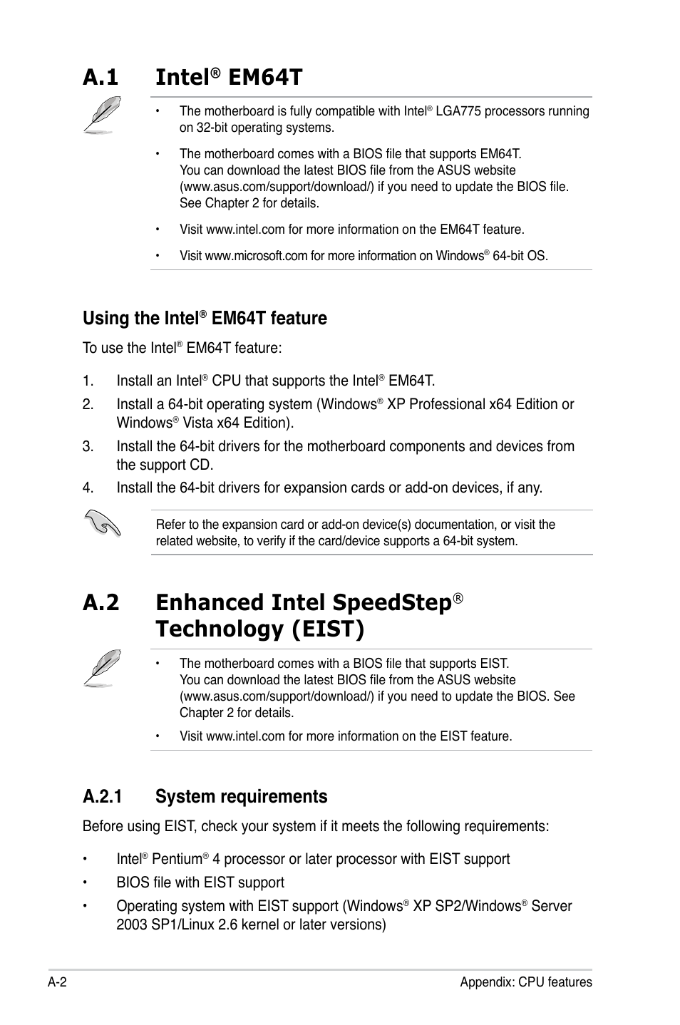 A.1 intel, Em64t, A.2 enhanced intel speedstep | Technology (eist), Using the intel, Em64t feature, A.2.1 system requirements | Asus P5KPL/1600 User Manual | Page 102 / 104