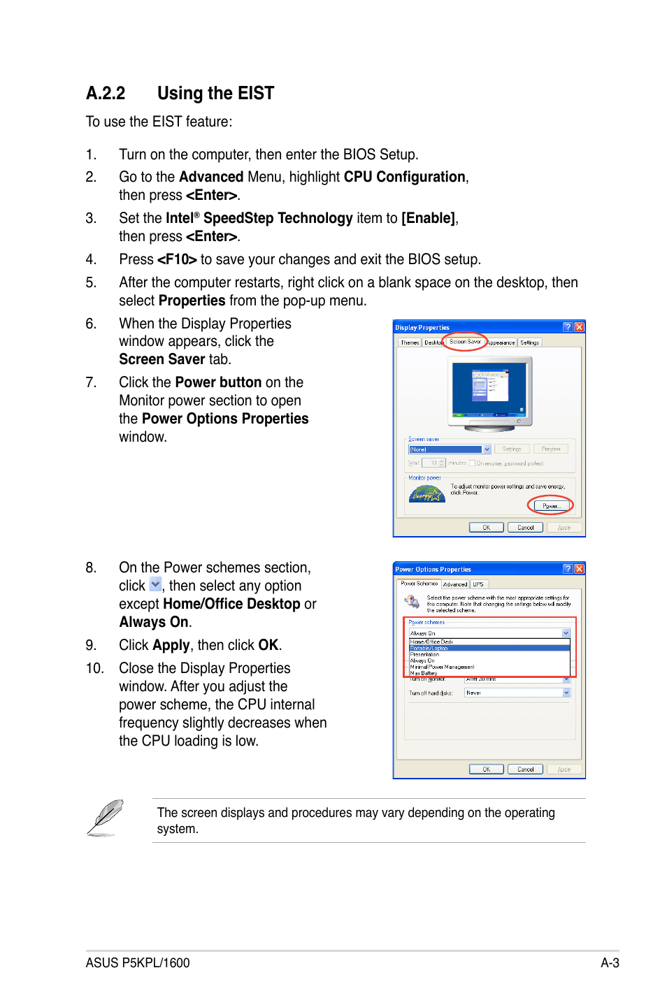 A.2.2 using the eist | Asus P5KPL/1600 User Manual | Page 103 / 104
