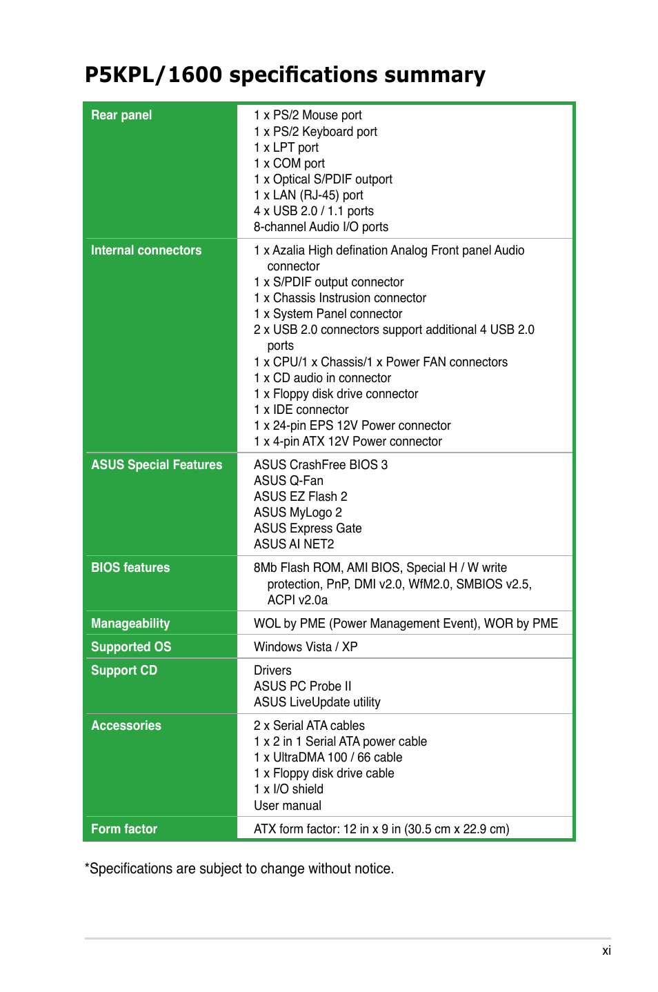 Asus P5KPL/1600 User Manual | Page 11 / 104