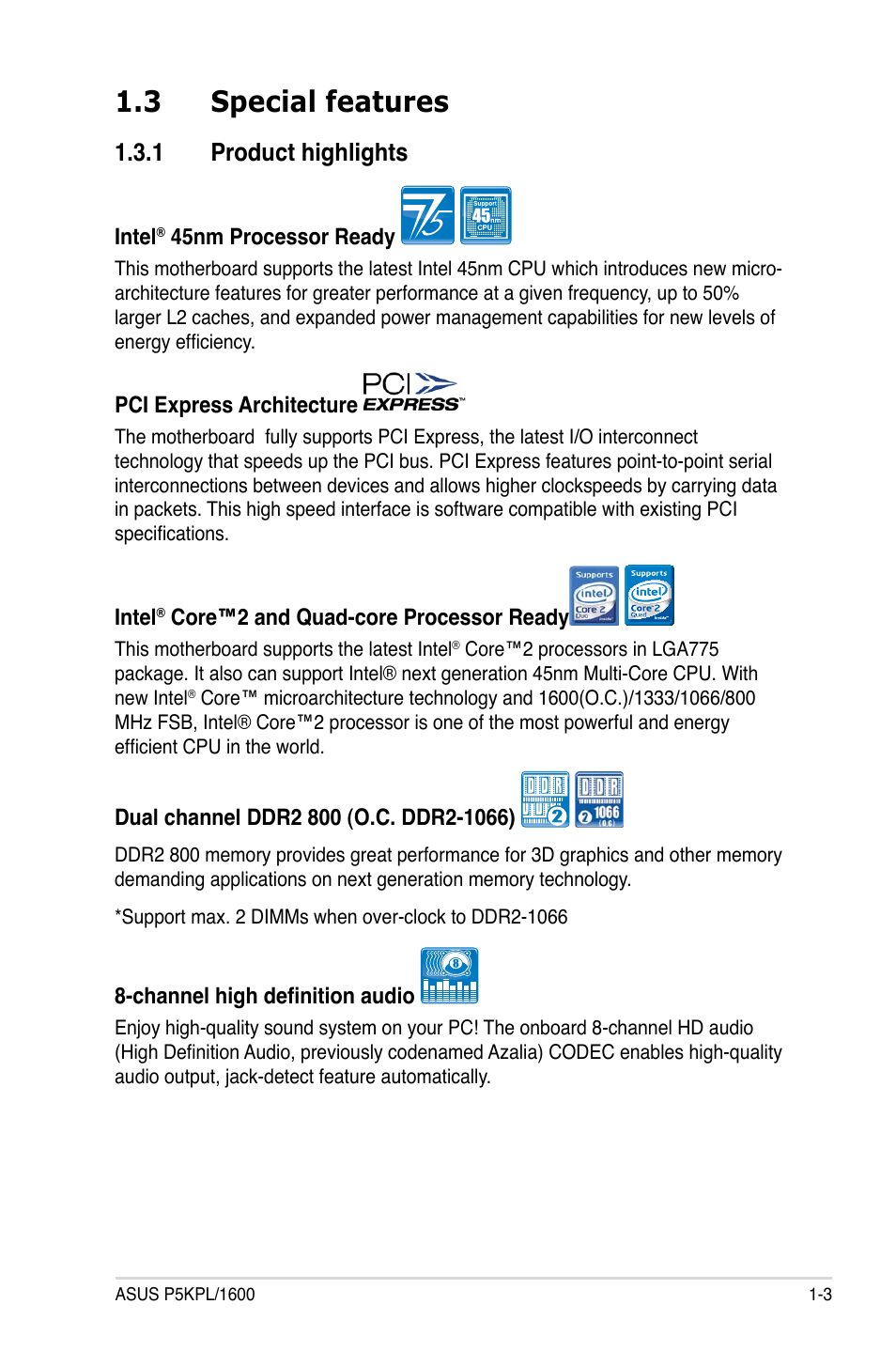 3 special features, 1 product highlights | Asus P5KPL/1600 User Manual | Page 15 / 104