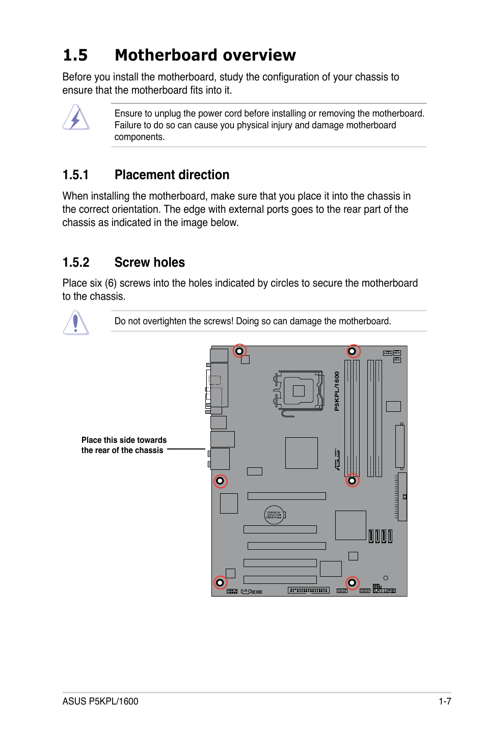 5 motherboard overview, 1 placement direction, 2 screw holes | Asus P5KPL/1600 User Manual | Page 19 / 104