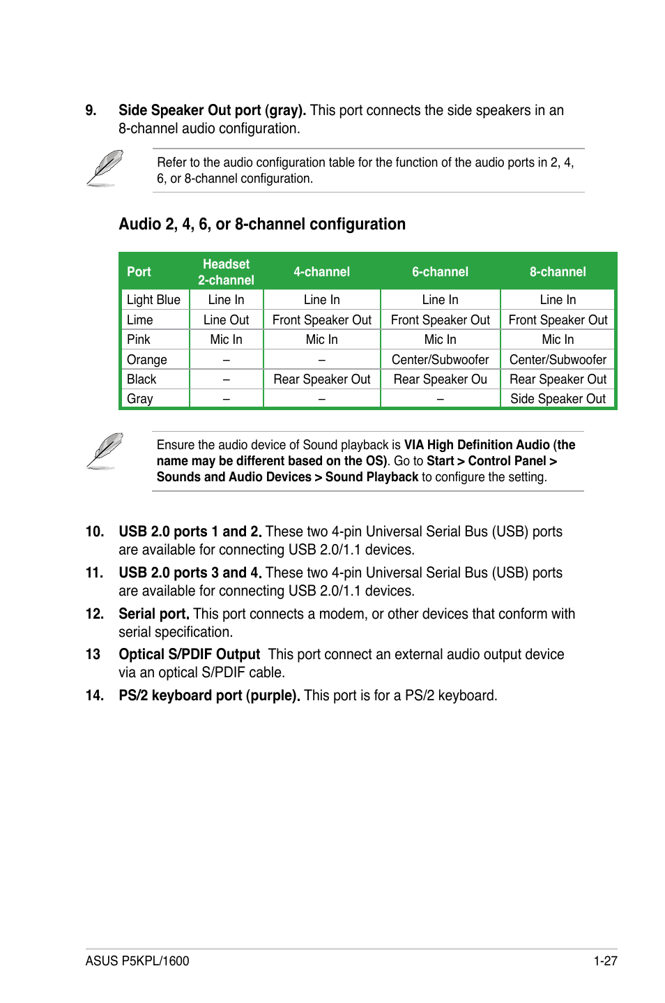 Audio 2, 4, 6, or 8-channel configuration | Asus P5KPL/1600 User Manual | Page 39 / 104