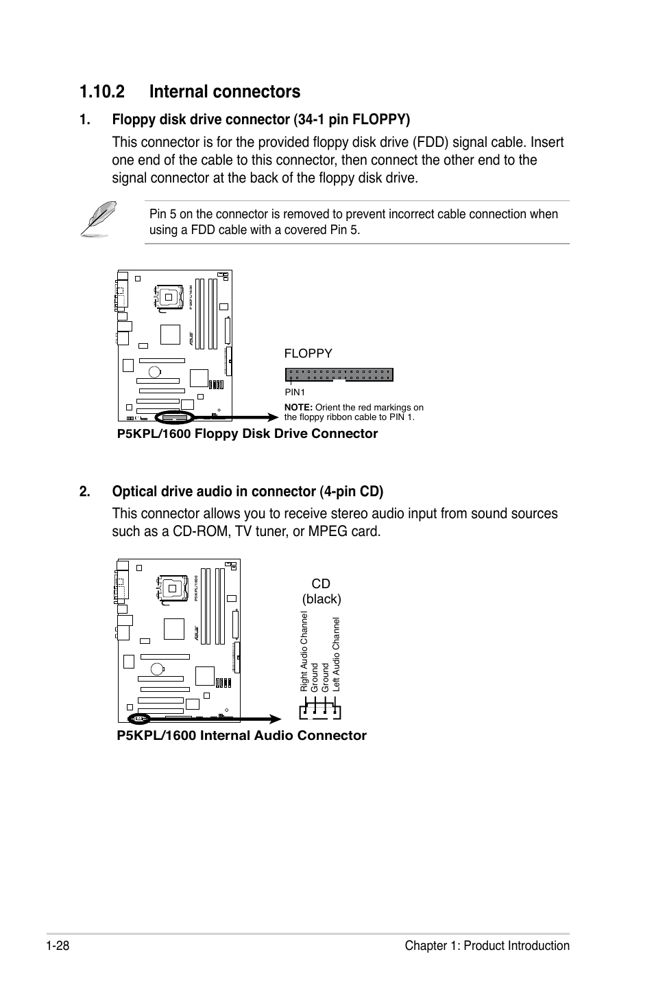 2 internal connectors, 28 chapter 1: product introduction, Floppy disk drive connector | Asus P5KPL/1600 User Manual | Page 40 / 104