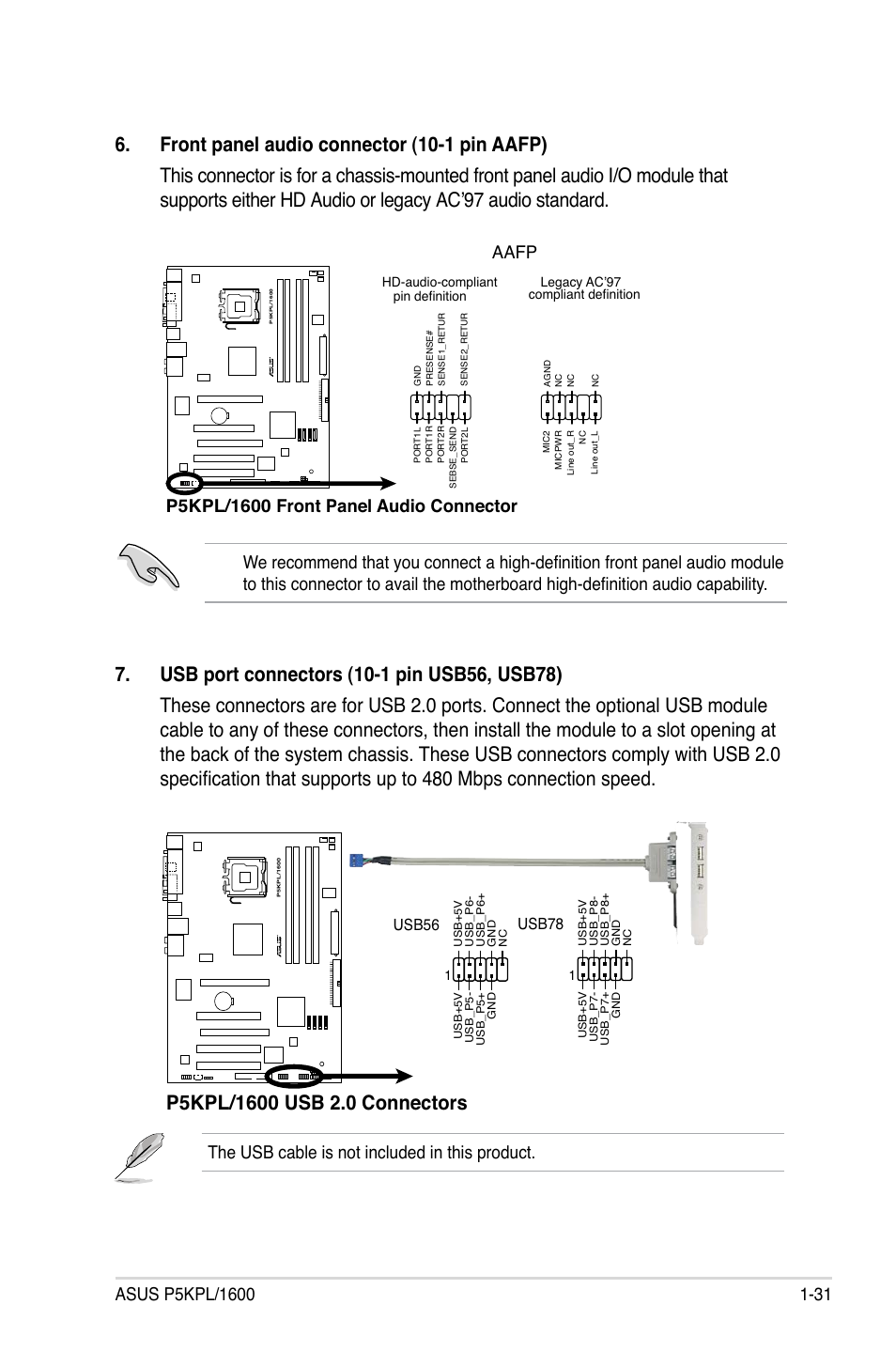 The usb cable is not included in this product, Aafp, Usb78 | Usb56 | Asus P5KPL/1600 User Manual | Page 43 / 104