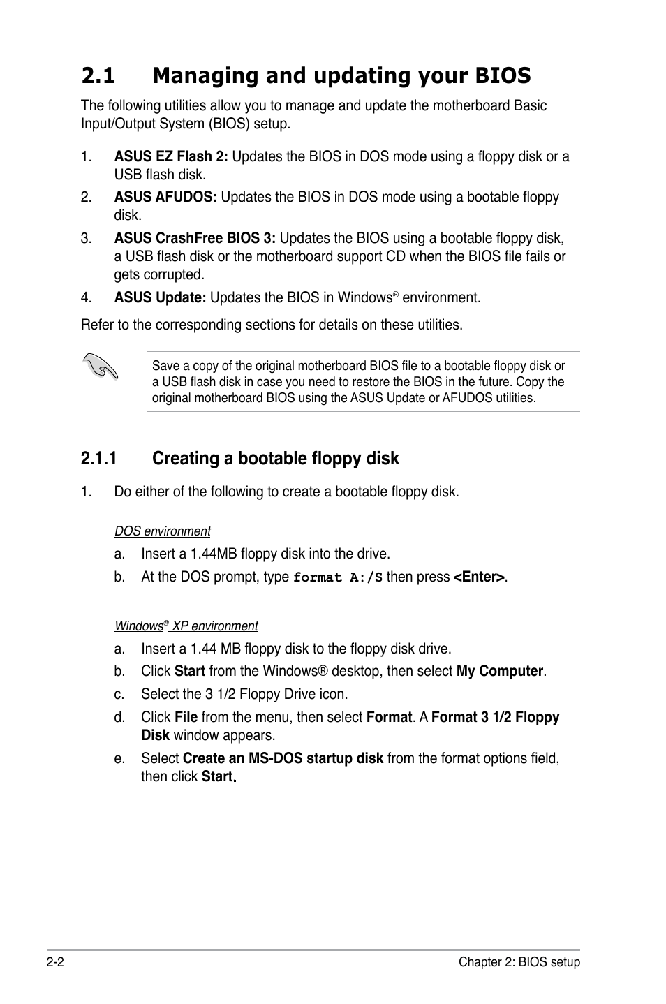 1 managing and updating your bios, 1 creating a bootable floppy disk | Asus P5KPL/1600 User Manual | Page 48 / 104