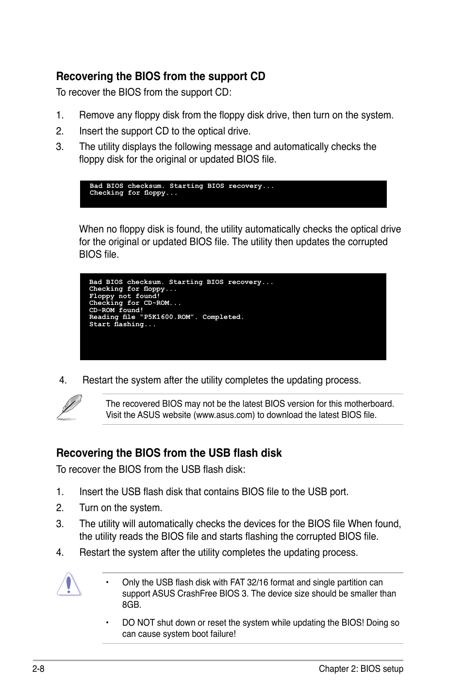 Recovering the bios from the support cd, Recovering the bios from the usb flash disk | Asus P5KPL/1600 User Manual | Page 54 / 104