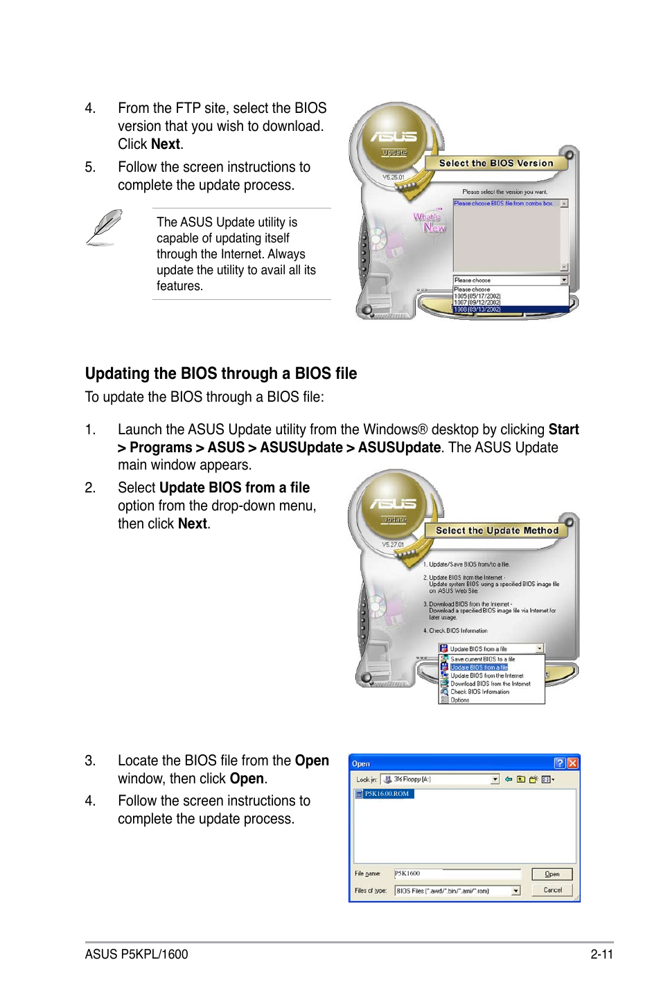 Updating the bios through a bios file | Asus P5KPL/1600 User Manual | Page 57 / 104