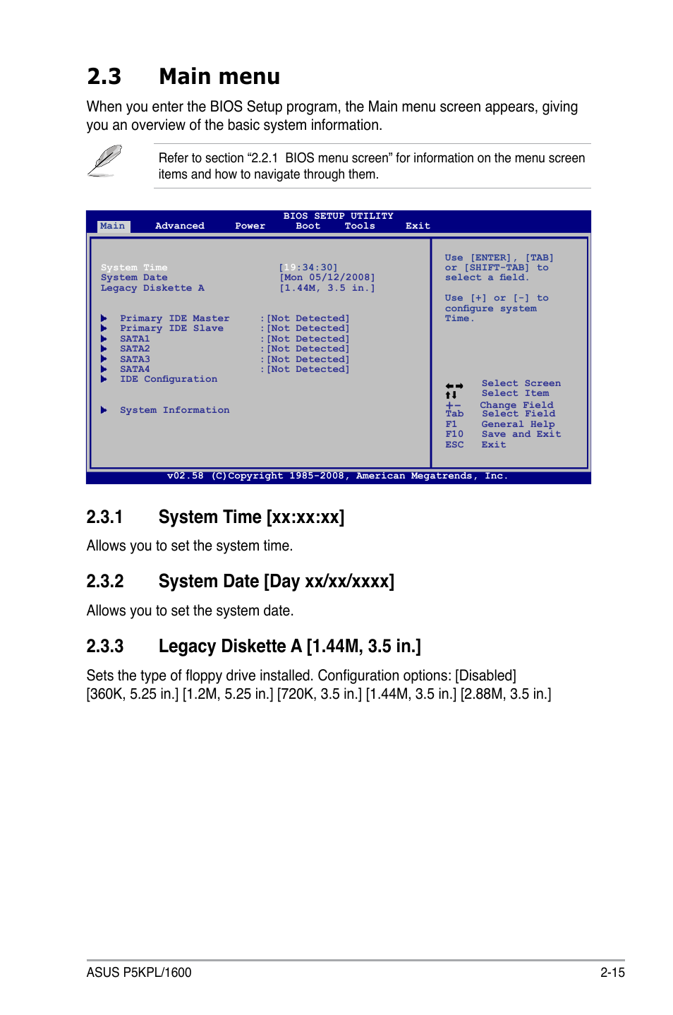 3 main menu, 1 system time [xx:xx:xx, Allows you to set the system time | Allows you to set the system date | Asus P5KPL/1600 User Manual | Page 61 / 104