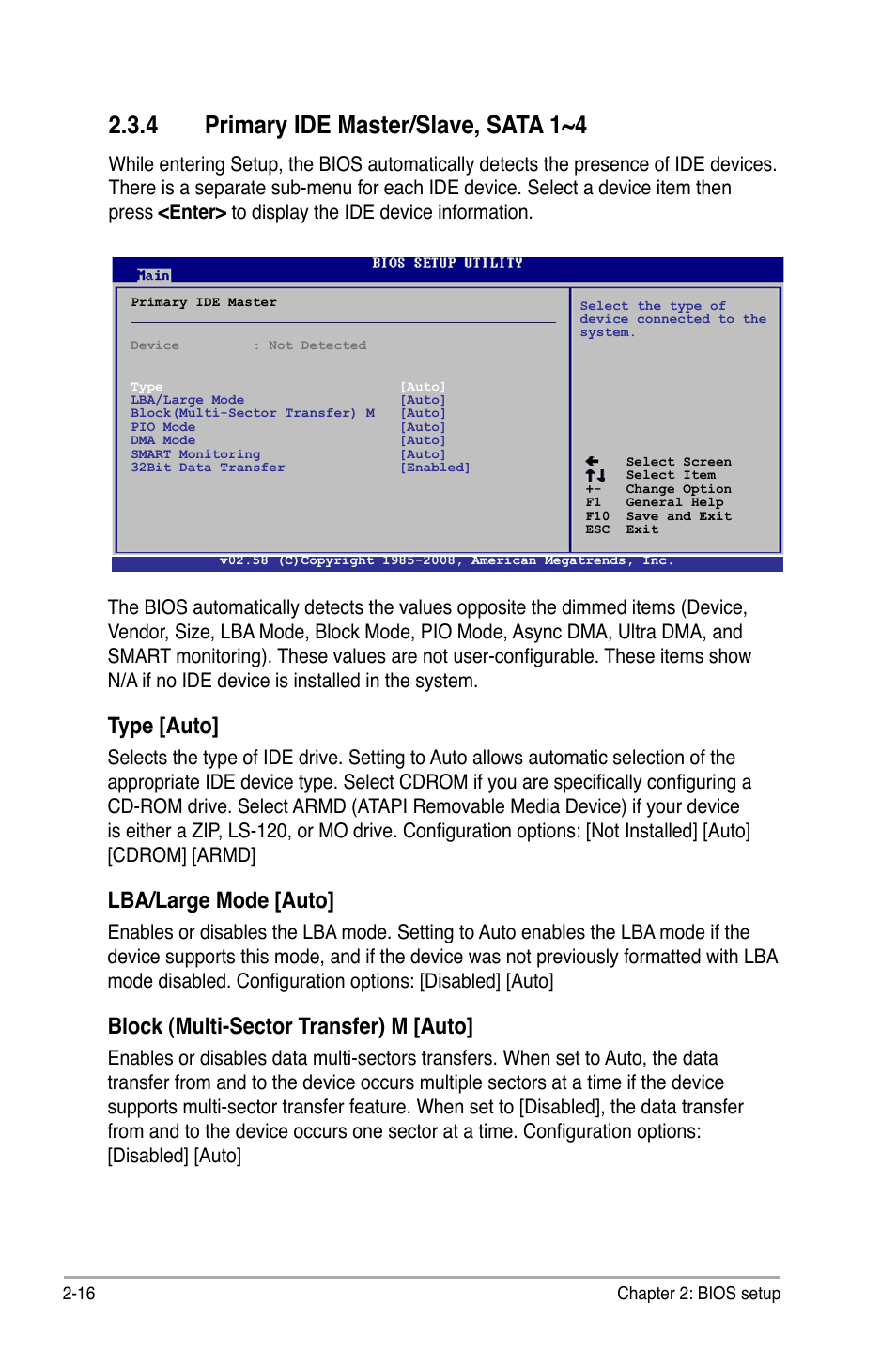 4 primary ide master/slave, sata 1~4, Type [auto, Lba/large mode [auto | Block (multi-sector transfer) m [auto | Asus P5KPL/1600 User Manual | Page 62 / 104