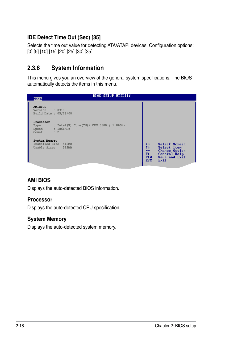 6 system information, Ami bios, Processor | Ide detect time out (sec) [35 | Asus P5KPL/1600 User Manual | Page 64 / 104