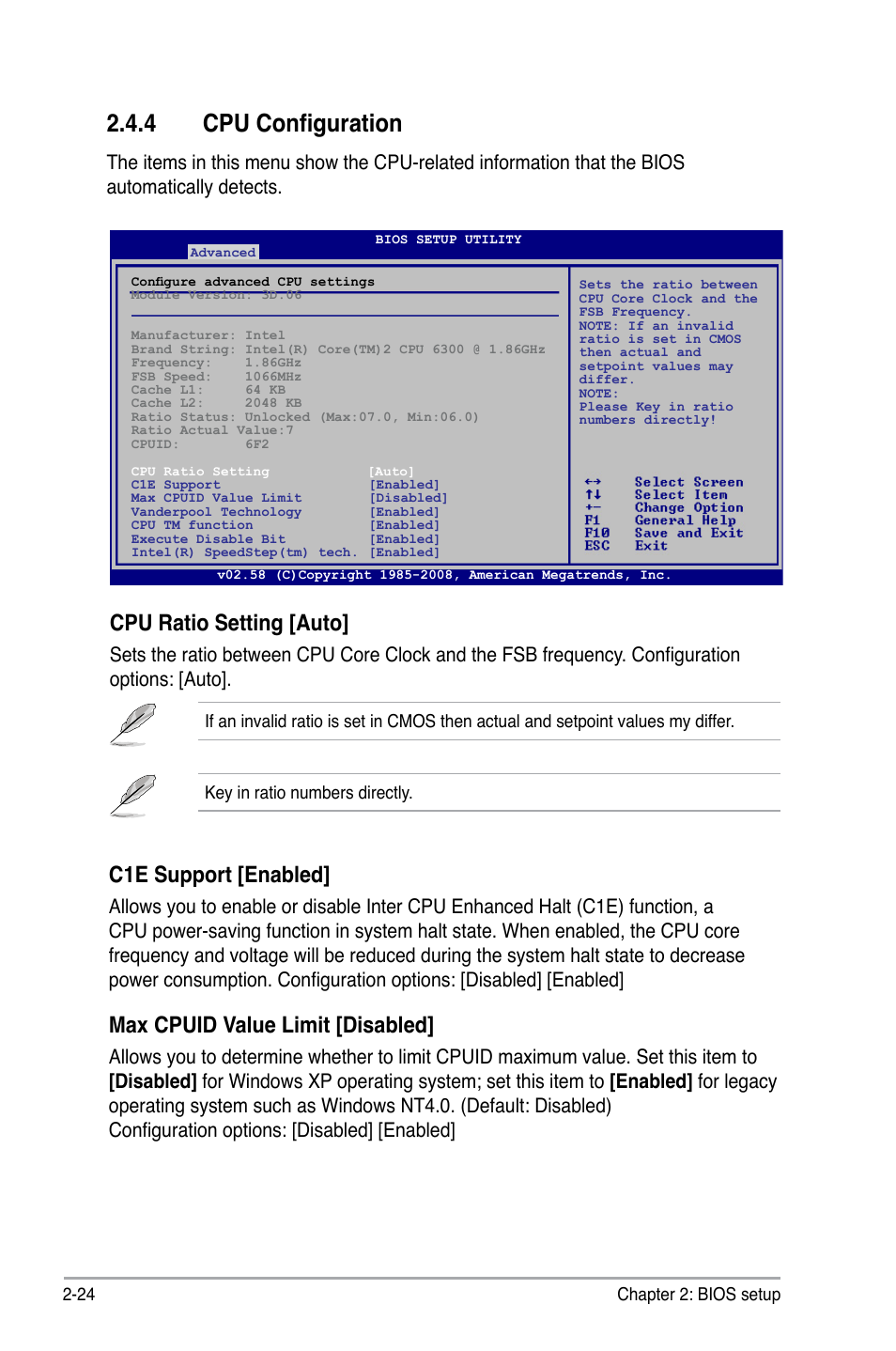 4 cpu configuration, Cpu ratio setting [auto, C1e support [enabled | Max cpuid value limit [disabled | Asus P5KPL/1600 User Manual | Page 70 / 104