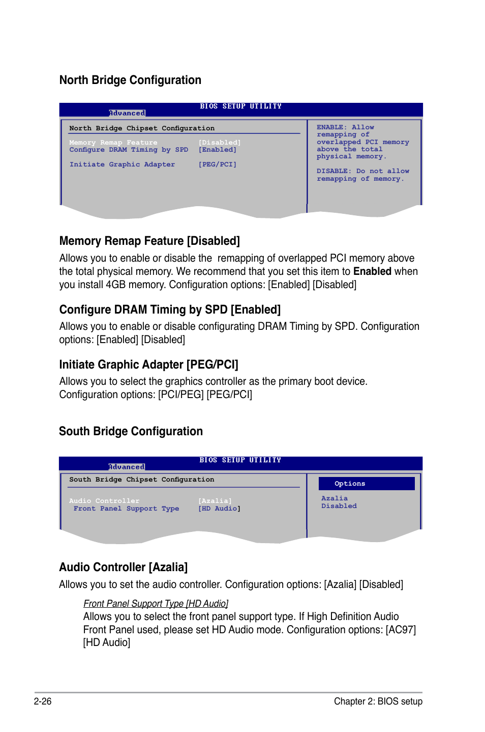 Configure dram timing by spd [enabled, Initiate graphic adapter [peg/pci, South bridge configuration | Audio controller [azalia | Asus P5KPL/1600 User Manual | Page 72 / 104
