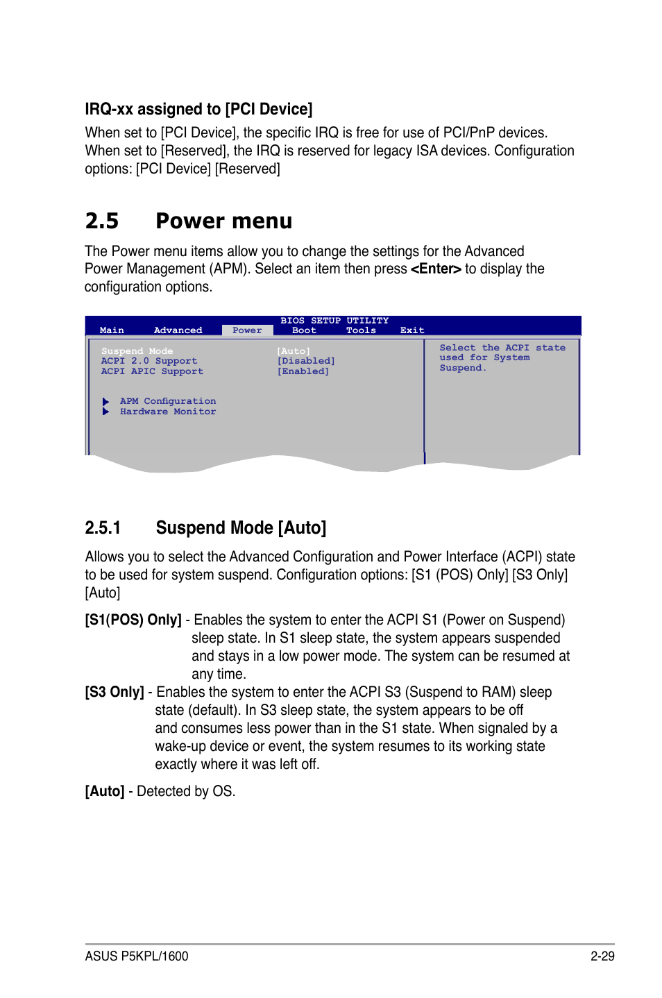 5 power menu, 1 suspend mode [auto, Irq-xx assigned to [pci device | Asus P5KPL/1600 User Manual | Page 75 / 104