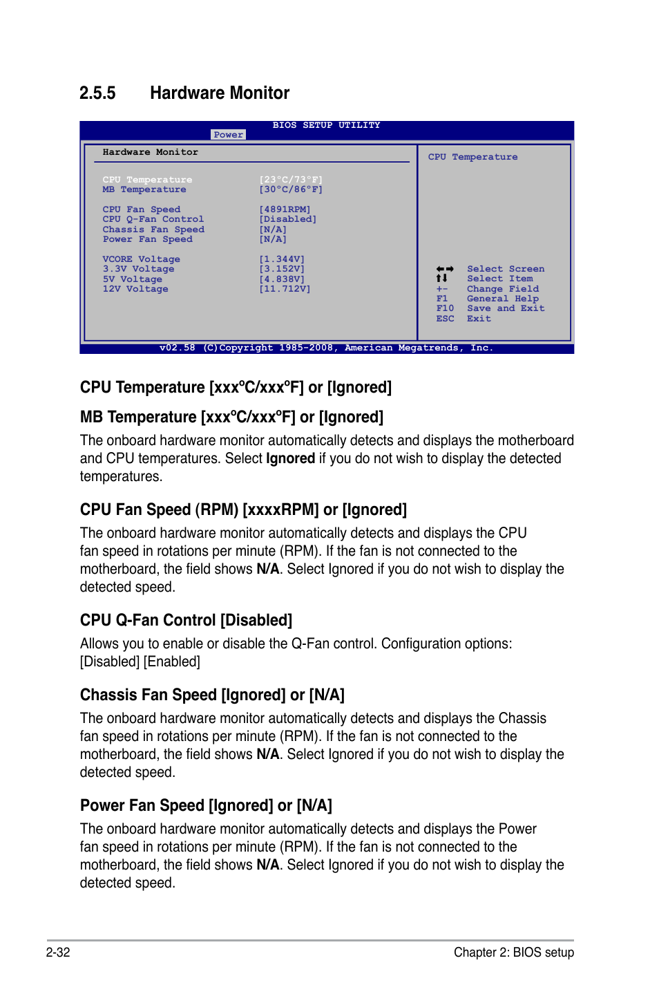 5 hardware monitor, Cpu q-fan control [disabled, Chassis fan speed [ignored] or [n/a | Power fan speed [ignored] or [n/a | Asus P5KPL/1600 User Manual | Page 78 / 104
